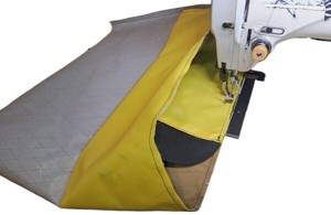 Bag partially sewn with the gusset piece on the bottom