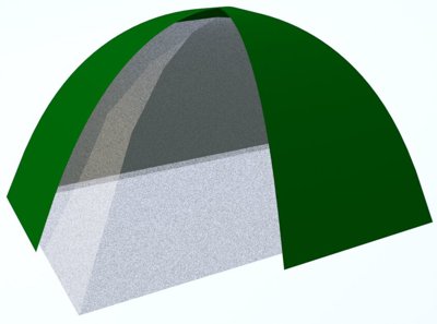 A 3D render of a freestanding tent with 2 poles making a dome shape.