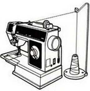 A DIY thread stand made from a cup and a coat hanger.