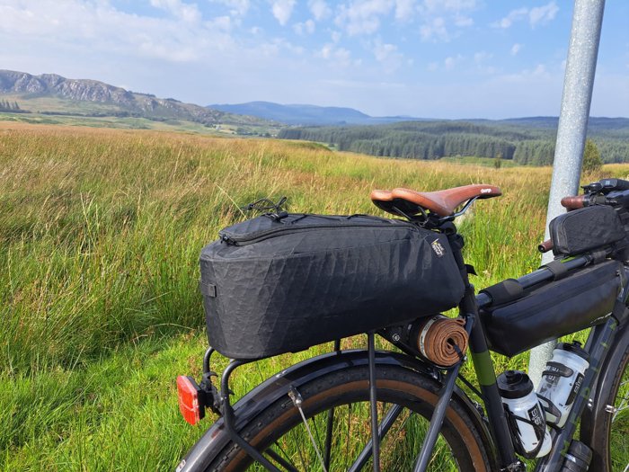 A photo of the zipped rack top bag in Scotland